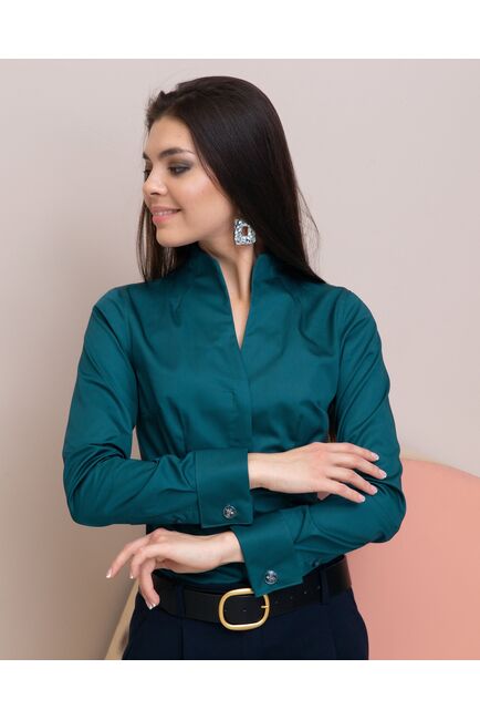 Женская рубашка под запонку изумрудная воротник стойка - 7896 от ByME 