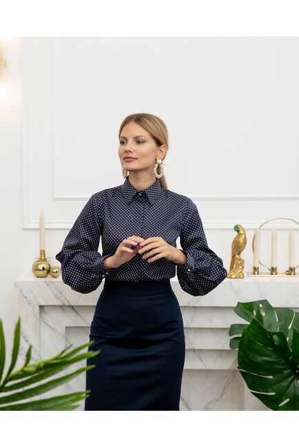 Женская рубашка с объемным рукавом черная в горох - 8071 от byME 