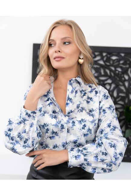 Женская рубашка с объемным рукавом узор цветы - 8075 от byME 