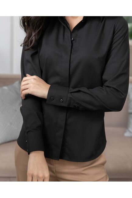 Женская рубашка под пуговицы с супатной застежкой полуприталенная без отделки черная - 8088 от byME 