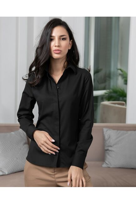 Женская рубашка под пуговицы с супатной застежкой полуприталенная без отделки черная - 8088 от byME 
