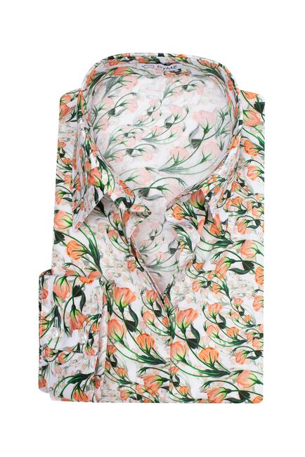 Женская рубашка с объемным рукавом узор оранжевые цветы - 8120 от byME 