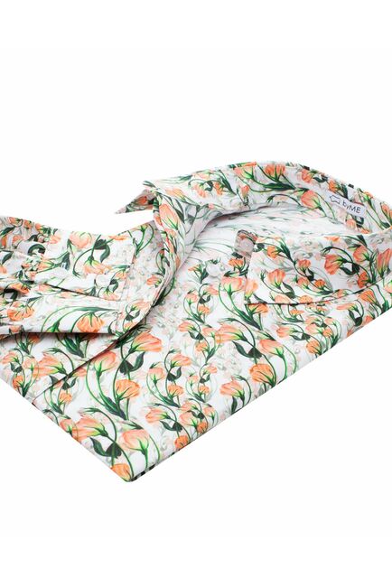 Женская рубашка с объемным рукавом узор оранжевые цветы - 8120 от byME 