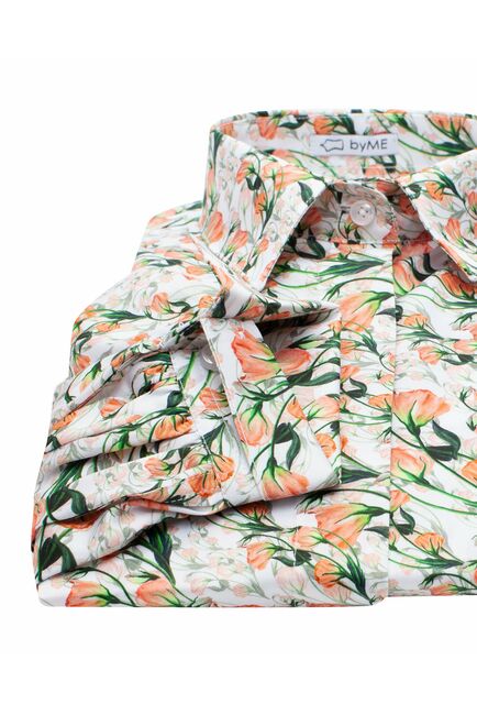 Женская рубашка с объемным рукавом узор оранжевые цветы - 8120 от byME 