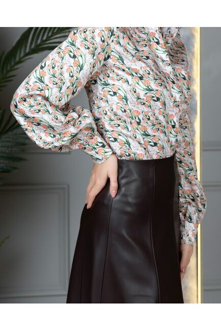 Женская рубашка с объемным рукавом узор оранжевые цветы - 8120 от byME 