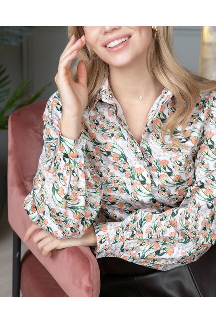 Женская рубашка с объемным рукавом узор оранжевые цветы - 8120 от byME 