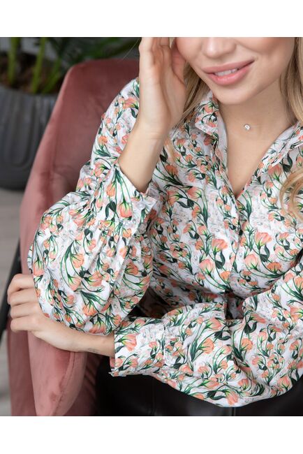 Женская рубашка с объемным рукавом узор оранжевые цветы - 8120 от byME 