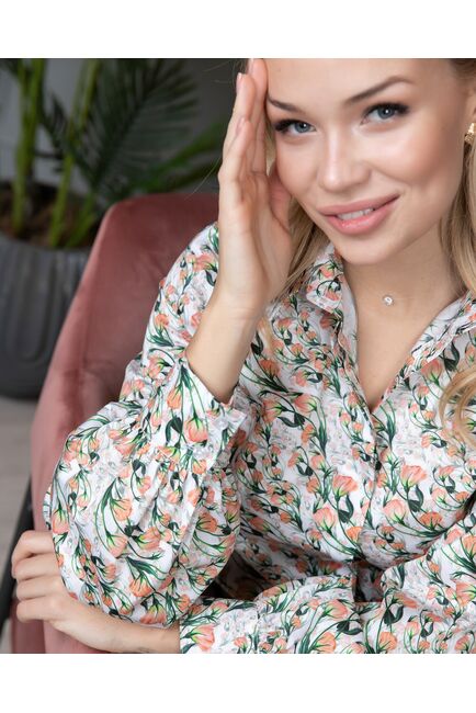 Женская рубашка с объемным рукавом узор оранжевые цветы - 8120 от byME 