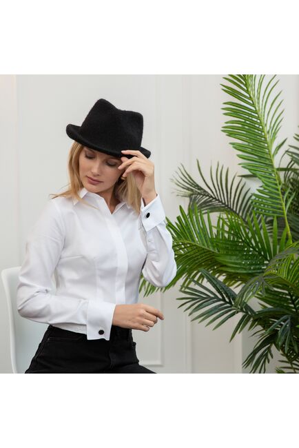 Женская рубашка под запонку приталенная с супатной застежкой без отделки белая- 8133 от byME 