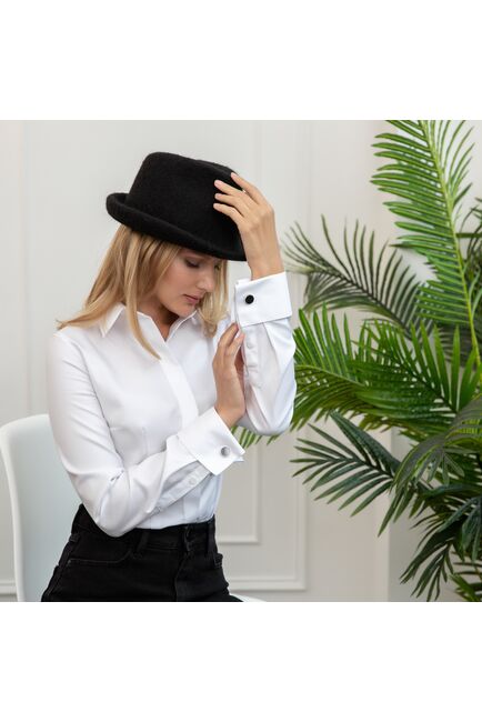 Женская рубашка под запонку приталенная с супатной застежкой без отделки белая- 8133 от byME 