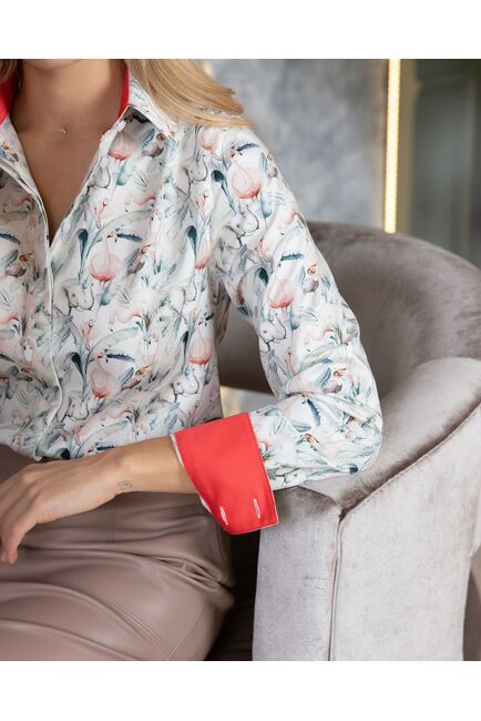 Женская рубашка из хлопка под пуговицы с супатной застежкой полуприталенная с отделкой - 8138 от byME 