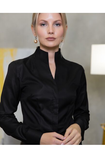 Женская рубашка под запонку черная воротник стойка - 7918 от byME 