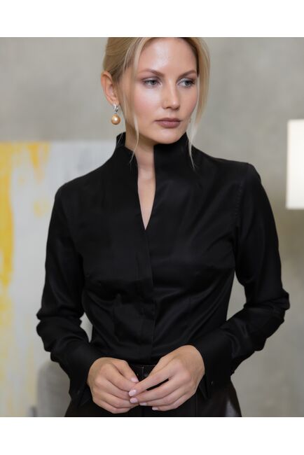 Женская рубашка под запонку черная воротник стойка - 7918 от byME 