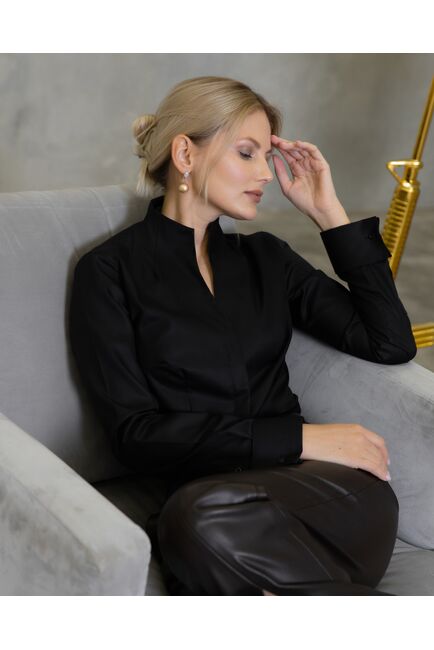 Женская рубашка под запонку черная воротник стойка - 7918 от byME 