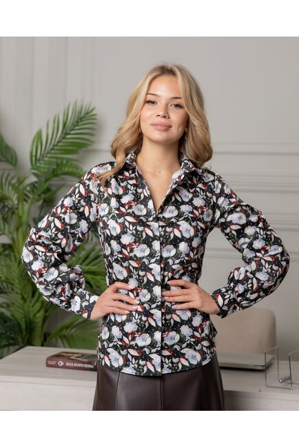 Женская рубашка с объемным рукавом узор цветы - 8121 от byME 