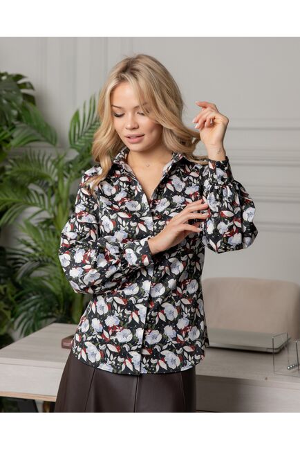 Женская рубашка с объемным рукавом узор цветы - 8121 от byME 