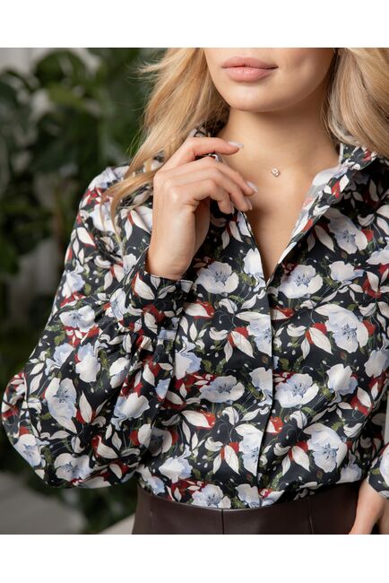 Женская рубашка с объемным рукавом узор цветы - 8121 от byME 