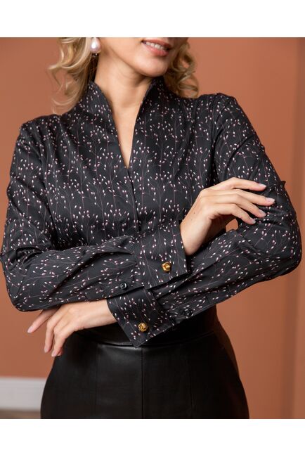 Женская рубашка под запонки воротник стойка черная с принтом - 8197 от byME 