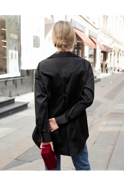 Женская рубашка в оверсайз силуэте черная с фактурой елочка - 8218 от byME 
