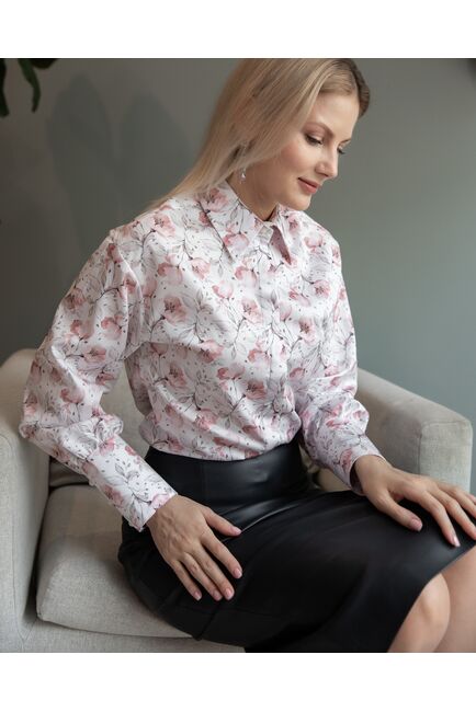 Женская рубашка с пышным рукавом узор цветы - 8228 от byME 