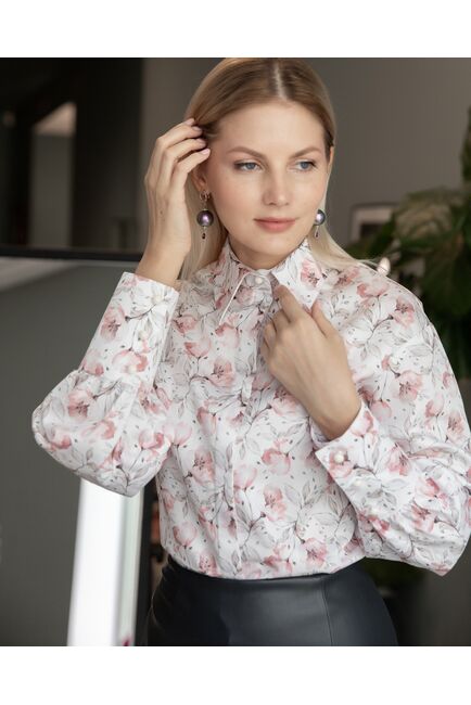 Женская рубашка с пышным рукавом узор цветы - 8228 от byME 