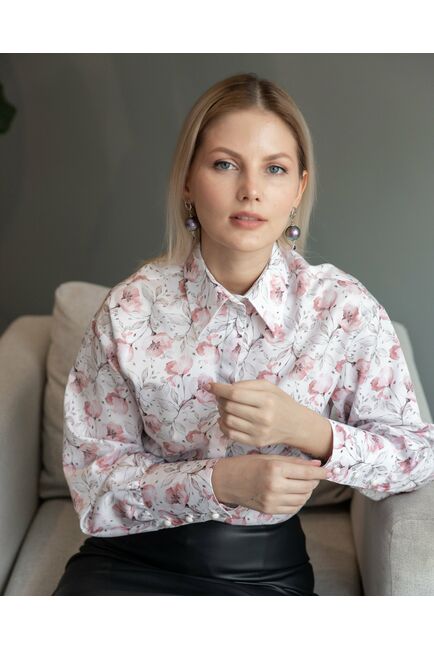 Женская рубашка с пышным рукавом узор цветы - 8228 от byME 