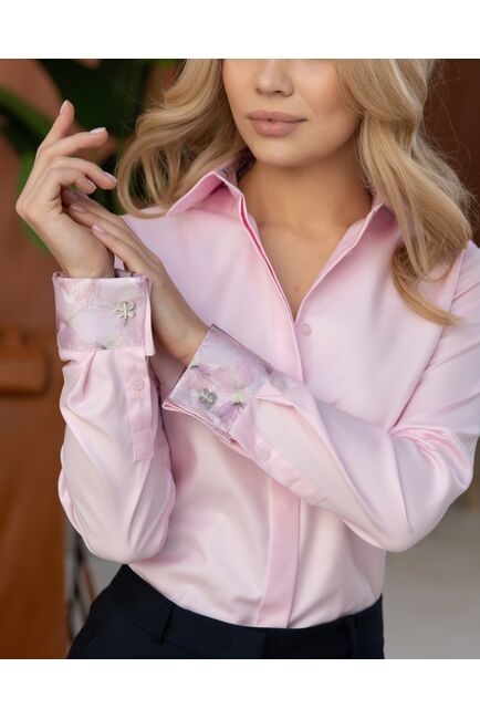 Женская рубашка из хлопка под запонку розовая с лиловой отделкой - 8251 от byME 
