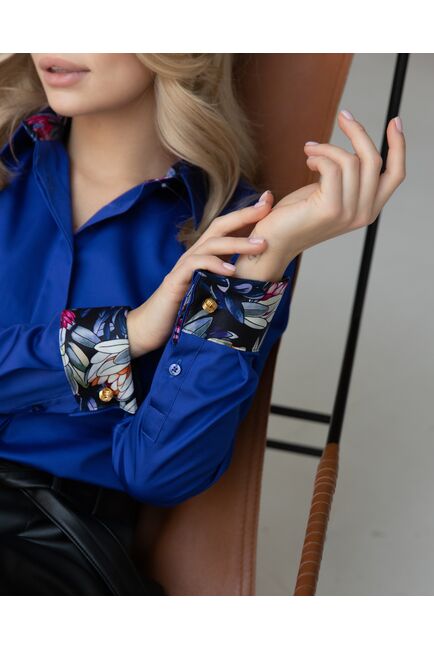 Женская рубашка под запонку синяя с отделкой протеи - 8253 от byME 