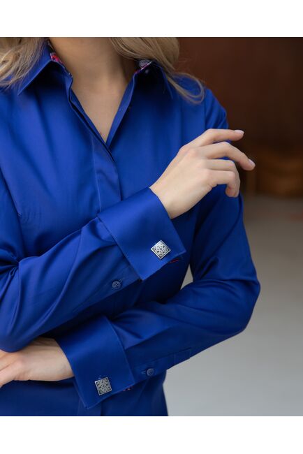 Женская рубашка под запонку синяя с отделкой протеи - 8253 от byME 