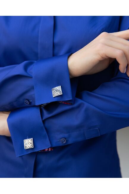 Женская рубашка под запонку синяя с отделкой протеи - 8253 от byME 