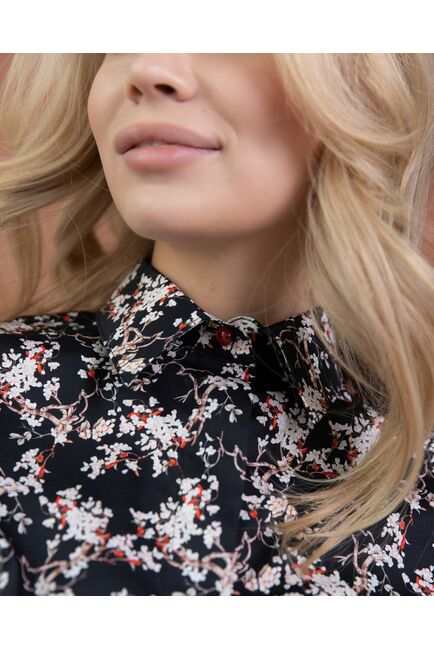Женская рубашка с высоким манжетом чёрная принт веточки- 8261 от byME 