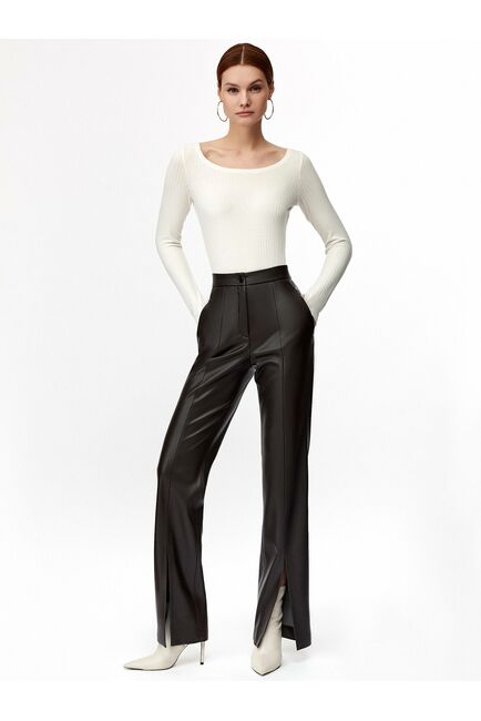 Брюки женские из экокожи тёмно-коричневые от byME 