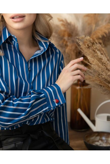 Женская рубашка под запонку синяя в полоску - 8266 от byME 