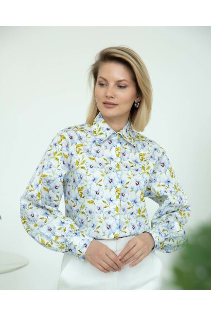 Женская рубашка под пуговицу принт голубые цветы - 8271 от byME 