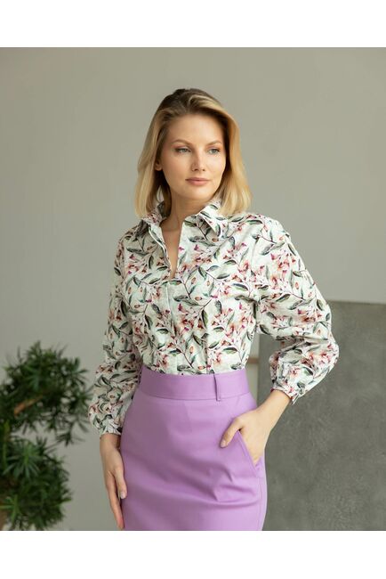 Женская рубашка принт цветы с рукавами фонариками - 8283 от byME 