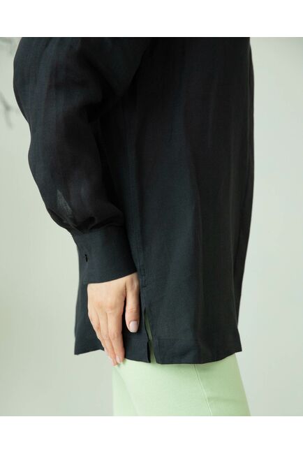 Женская льняная рубашка чёрная с отделкой цветы - 8287 от byME 