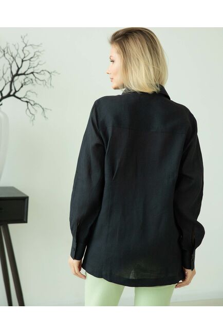 Женская льняная рубашка чёрная с отделкой цветы - 8287 от byME 