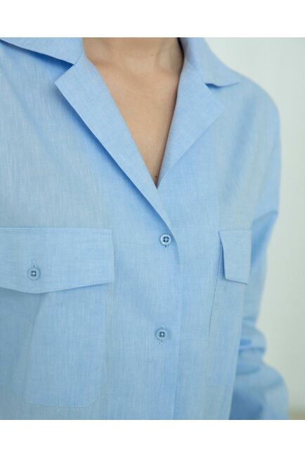 Женская льняная рубашка в оверсайз силуэте голубая - 8292 от byME 