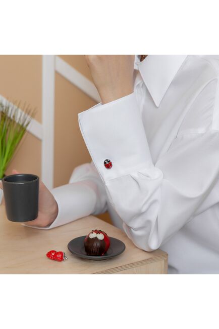 Женская рубашка с высоким манжетом под запонку белая фактура ёлочка - 8264 от byME 