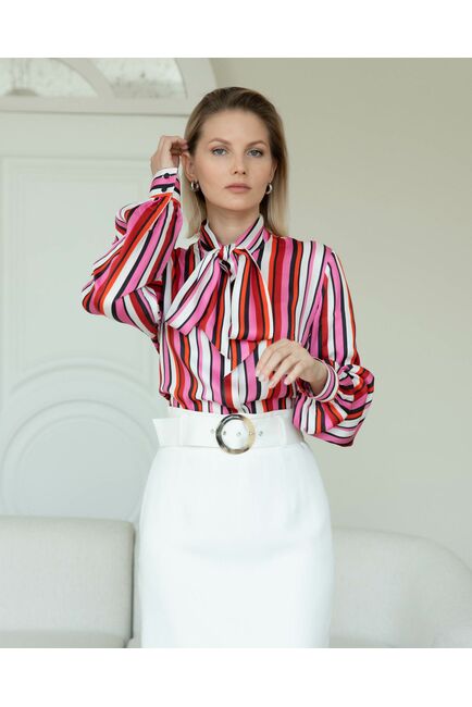 Женская рубашка с бантом в полоску в красных тонах - 8279 от byME 