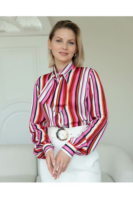 Женская рубашка с бантом в полоску в красных тонах - 8279 от byME 