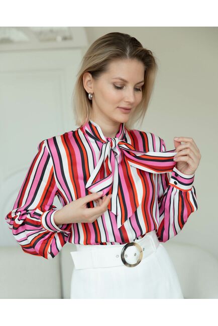 Женская рубашка с бантом в полоску в красных тонах - 8279 от byME 