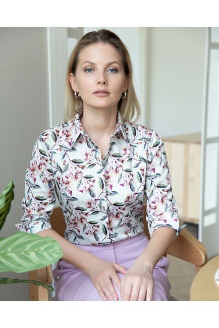Женская рубашка принт цветы с рукавом 3/4 - 8297 от byME 