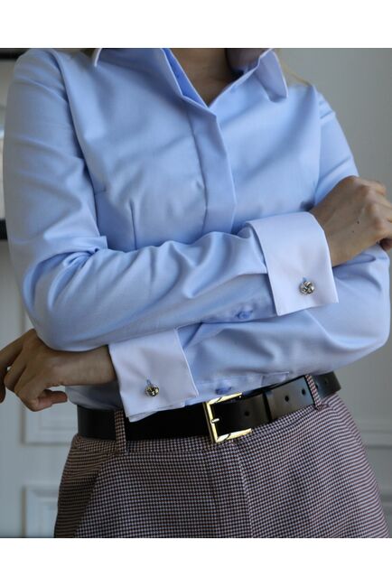 Женская рубашка под запонку голубая с белой отделкой - 8310 от byME 
