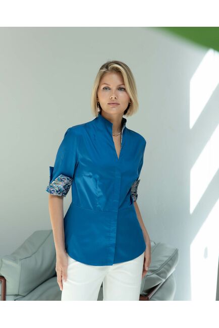 Женская рубашка воротник стойка с рукавом 3/4 синяя - 8319 от ByME 