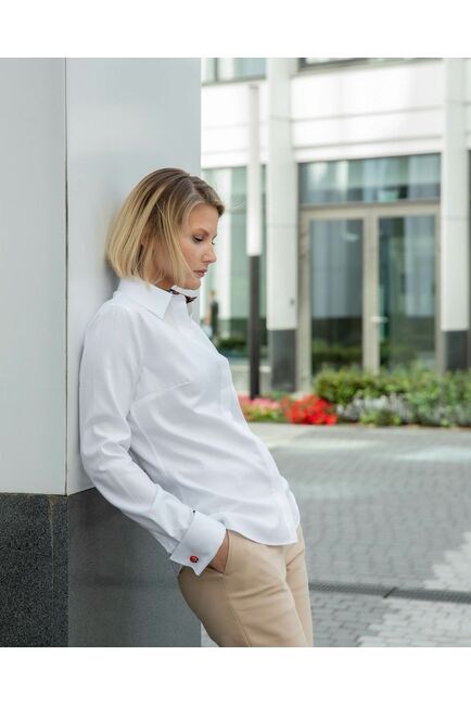 Женская рубашка под запонку белая с отделкой - 8323 от ByME 