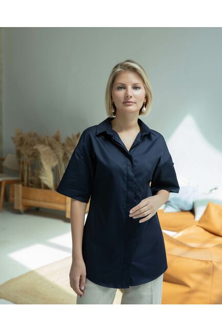 Женская рубашка с коротким рукавом тёмно-синяя - 8328 от ByME 