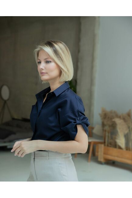 Женская рубашка с коротким рукавом тёмно-синяя - 8328 от ByME 