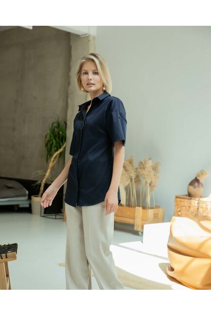 Женская рубашка с коротким рукавом тёмно-синяя - 8328 от ByME 