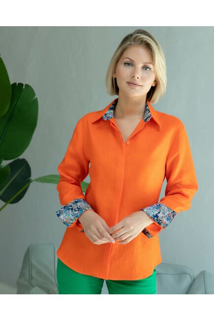 Женская льняная рубашка под пуговицы оранжевая - 8331 от byME 